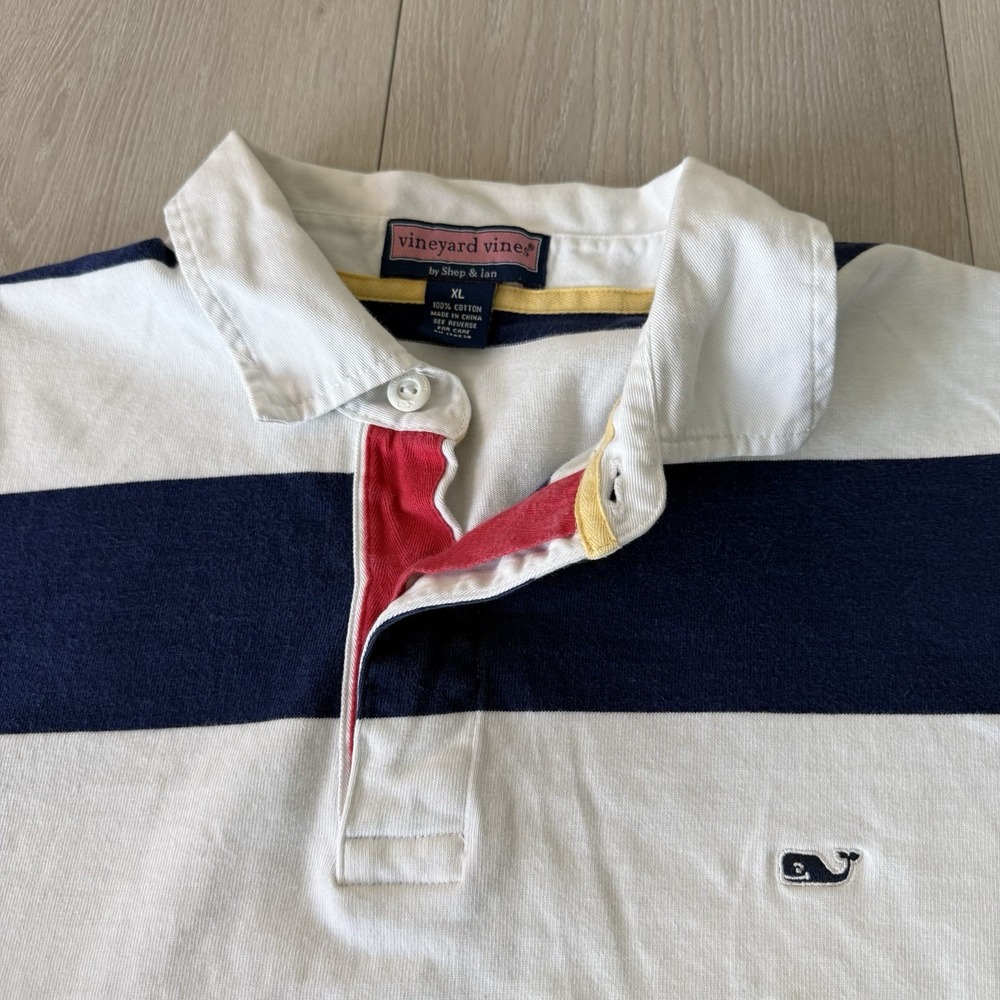 Vineyard Vines Rugby Polo Shirt Men's Size XL Navy White Striped Long Sleeve